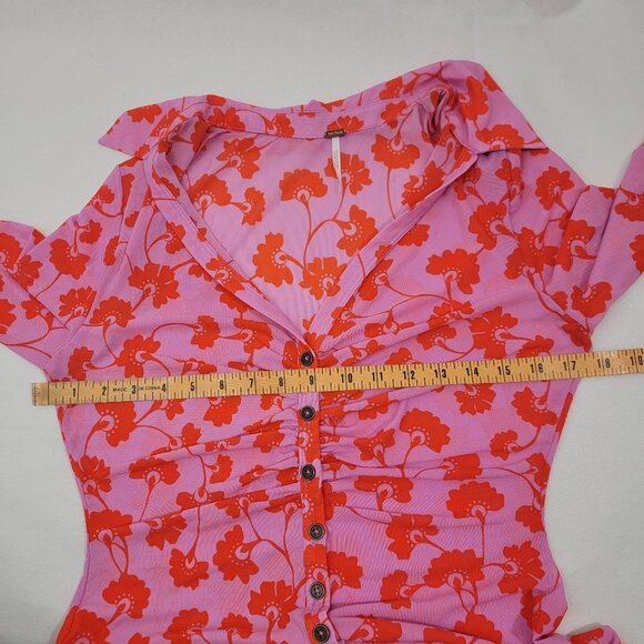 FREE PEOPLE Womens Shirt Sz L Lucky Shirtee Sheer Mesh PINK Floral Button Up - Picture 8 of 13